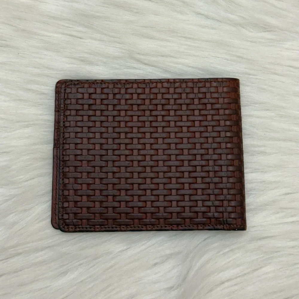 SALVATORE FERRAGAMO - BROWN WOVEN LEATHER BI-FOLD WALLET